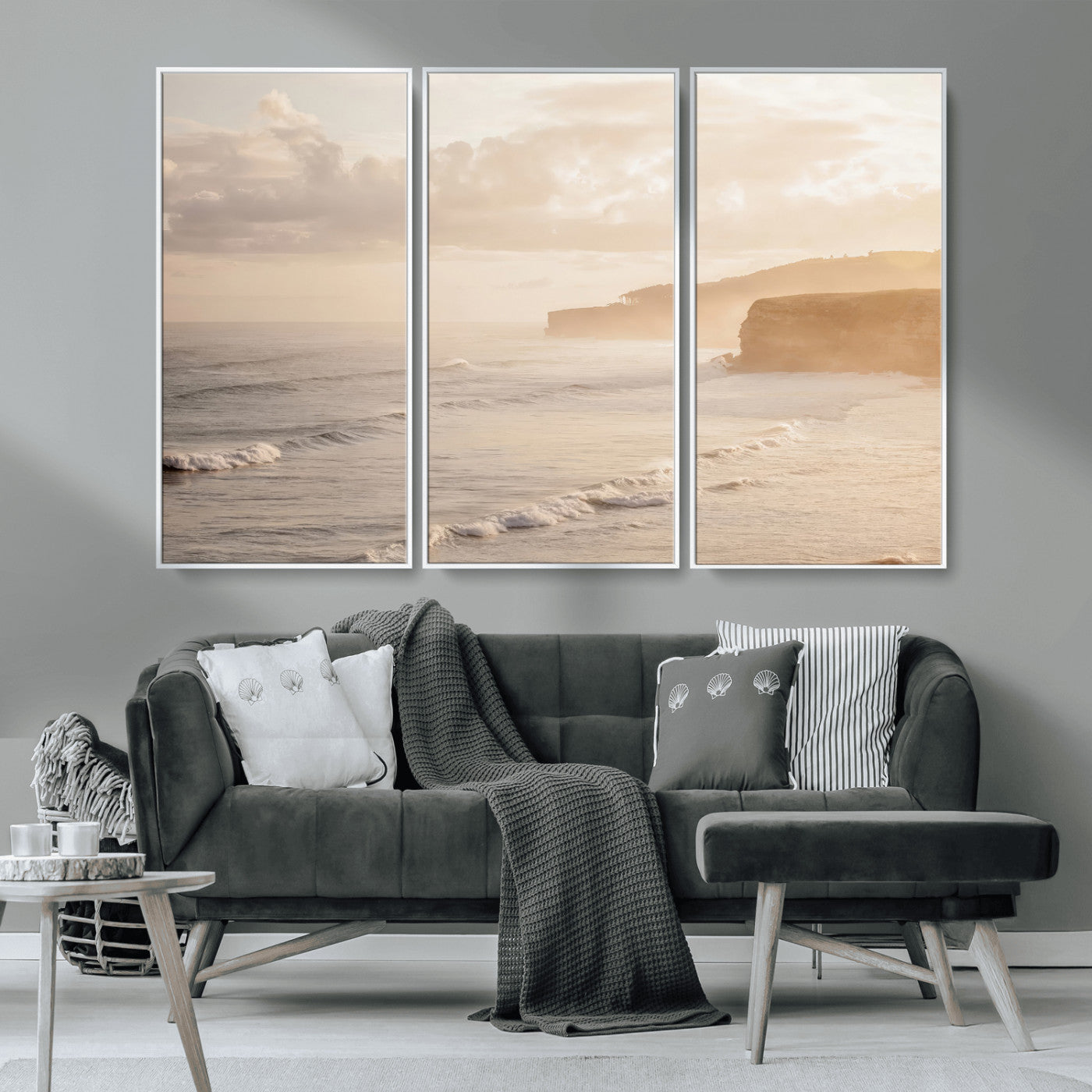 57669769-MGV-CV-36X24-Misty Coastal Wall Art Canvas Print, Framed Golden Sunset Art Picture Print, Serene Shoreline Perfect Tranquil Coastal Decor