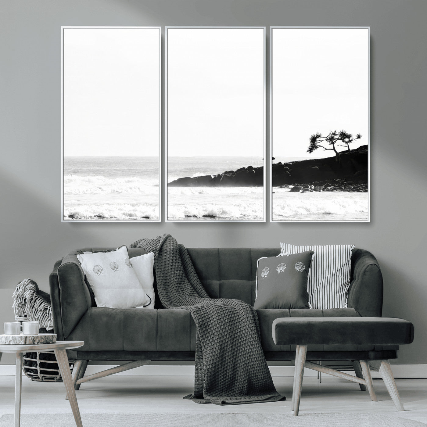 40875891-MGV-CV-36X24-SurferCliffs Wall Art Canvas Print, Framed Black White Beach Art Picture Print, Ocean Waves Perfect Minimalist Coastal Decor