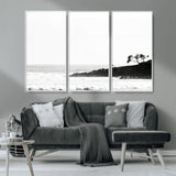 40875891-MGV-CV-36X24-SurferCliffs Wall Art Canvas Print, Framed Black White Beach Art Picture Print, Ocean Waves Perfect Minimalist Coastal Decor