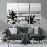 17508038-MGV-FC-48X32-3P_White-Tropical Coastline Wall Art Canvas Print, Framed Palm Trees Art Picture Print, Ocean Waves Perfect Minimalist Coastal Decor