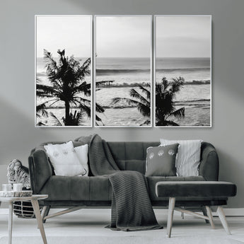 17508038-MGV-FC-48X32-3P_White-Tropical Coastline Wall Art Canvas Print, Framed Palm Trees Art Picture Print, Ocean Waves Perfect Minimalist Coastal Decor