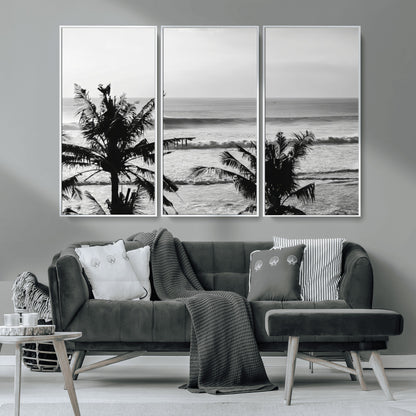 17508038-MGV-FC-48X32-3P_White-Tropical Coastline Wall Art Canvas Print, Framed Palm Trees Art Picture Print, Ocean Waves Perfect Minimalist Coastal Decor