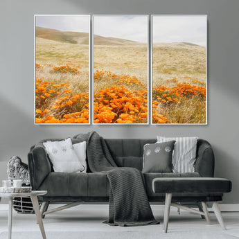 28972262-MGV-CV-36X24-Golden Wildflowers Wall Art Canvas Print, Framed Hills Bloom Art Picture Print, Poppy Meadow Perfect Rustic Nature Decor Artwork
