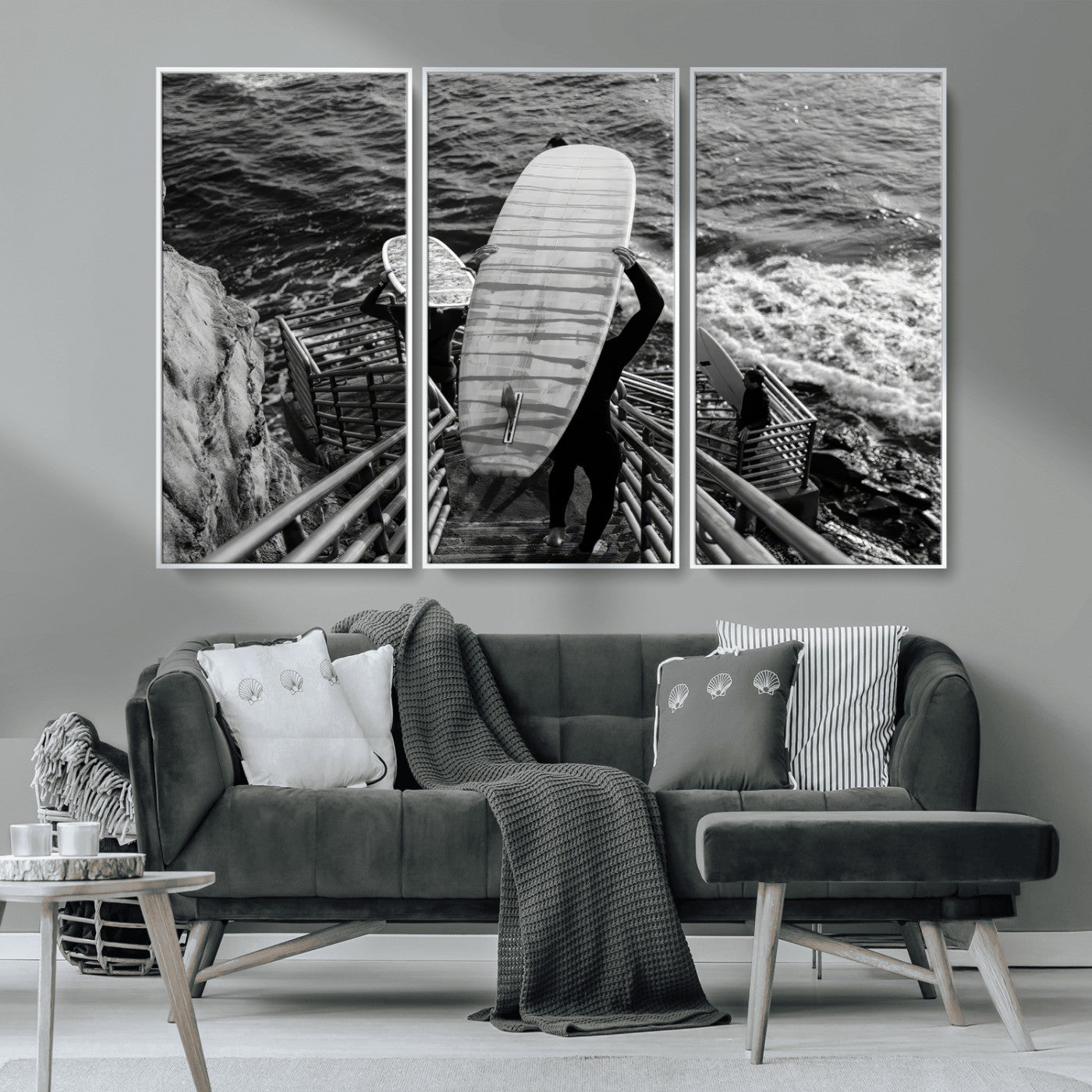 32353707-MGV-CV-36X24-Black White Surfing Wall Art Canvas Print, Framed Coastal Surfing Art Picture Print, Wave Riders Perfect Coastal Adventure Decor
