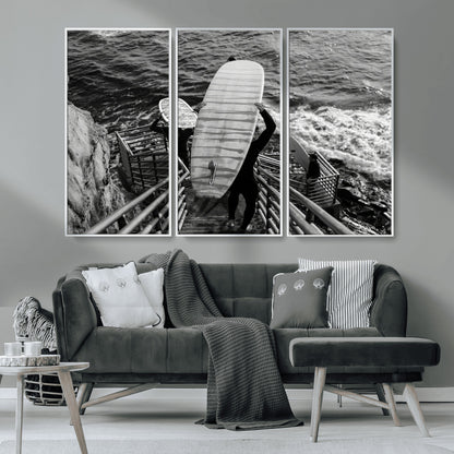 32353707-MGV-CV-36X24-Black White Surfing Wall Art Canvas Print, Framed Coastal Surfing Art Picture Print, Wave Riders Perfect Coastal Adventure Decor