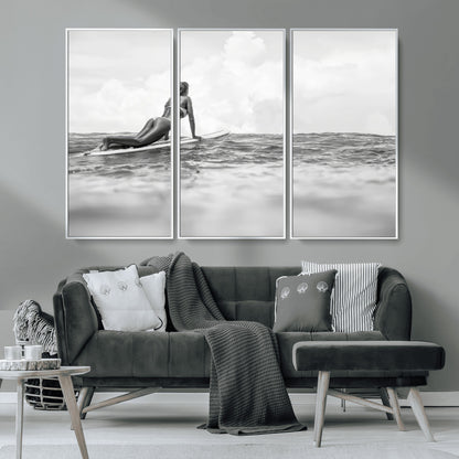 69798068-MGV-CV-36X24-Black White Surfing Wall Art Canvas Print, Framed Ocean Horizon Art Picture Print, Surfer Girl Perfect Coastal Adventure Decor