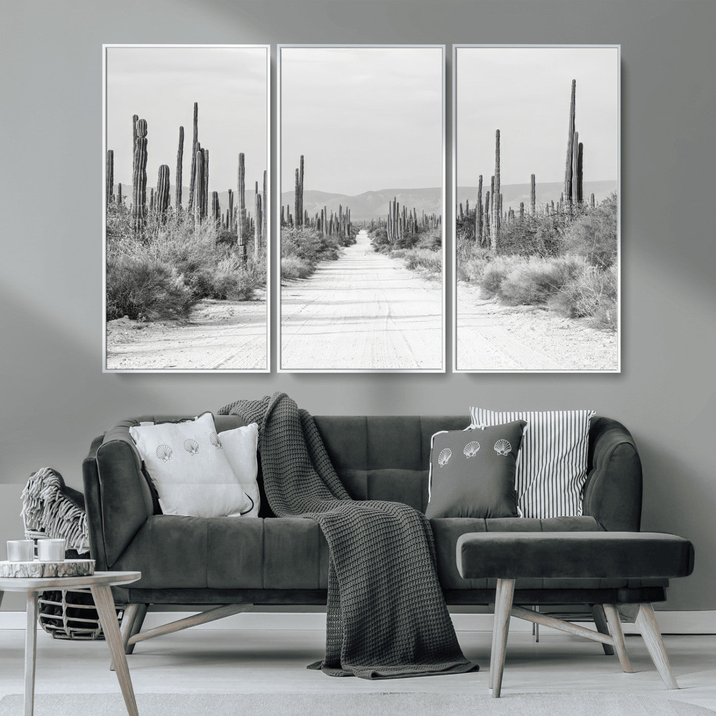 35537313-MGV-CV-36X24-Monochrome Desert Wall Art Canvas Print, Framed Cactus Path Art Picture Print, Southwestern Landscape Perfect Southwestern