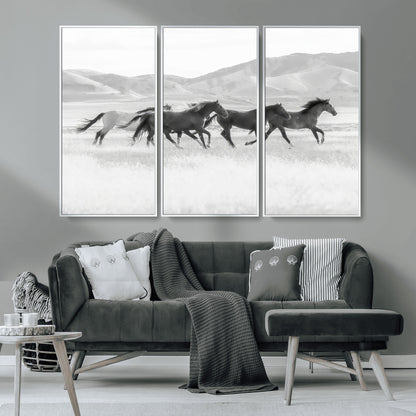 69934913-MGV-CV-36X24-Wild Horses Running Wall Art Canvas Print, Framed Black White Mustangs Art Picture Print, Rustic Western Perfect Rustic Western