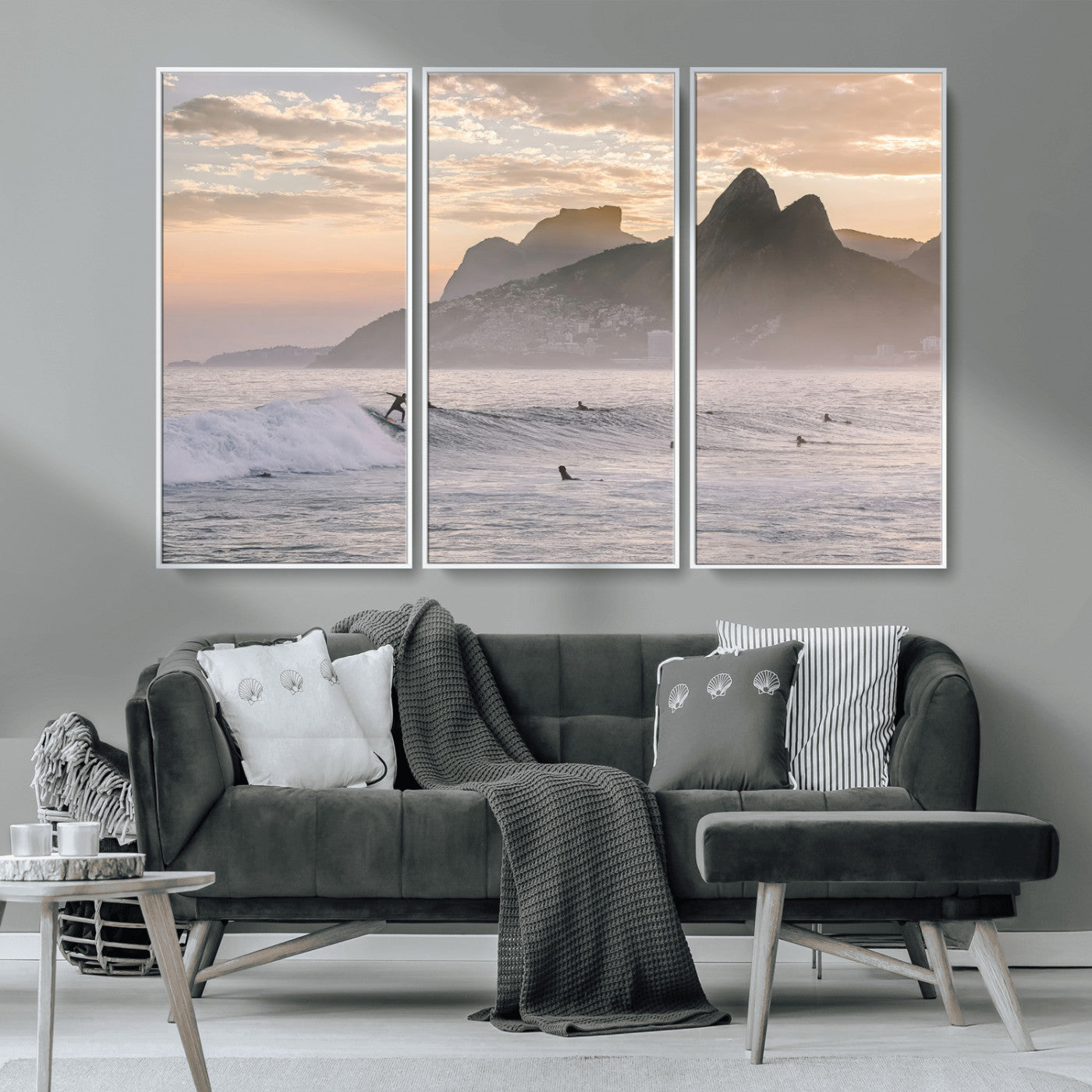 70644906-MGV-FC-48X32-3P_White-Sunset Surfing Wall Art Canvas Print, Framed Misty Mountains Art Picture Print, Surfer Riding Wave Perfect Coastal Adventure Decor