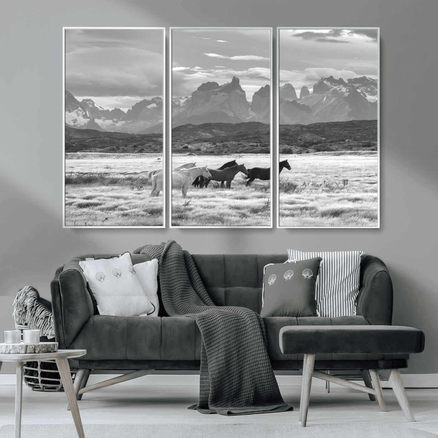 21655040-MGV-CV-36X24-Wild Horses Wall Art Canvas Print, Framed Black White Mountains Art Picture Print, Rustic Countryside Perfect Rustic Western Decor