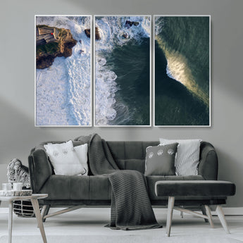 37405684-MGV-CV-36X24-Nazaré Coast Wall Art Canvas Print, Framed Aerial Ocean Art Picture Print, Coastal Fortress Perfect Dramatic Coastal Decor Artwork