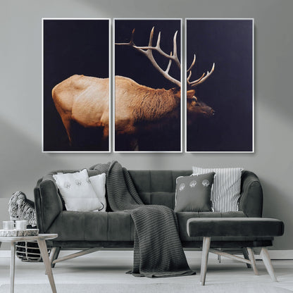 91871131-MGV-FC-48X32-3P_White-Rustic Elk Art Wall Art Canvas Print, Framed Moody Wildlife Decor Art Picture Print, Western Animal Print Perfect Western Lodge