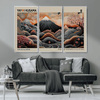 55739266-MGV-CV-36X24-Japanese Wall Art Print – Abstract Yayoi Kusama Inspired Dotted Landscape Poster, Surreal Oriental Mountain and Cherry Blossom