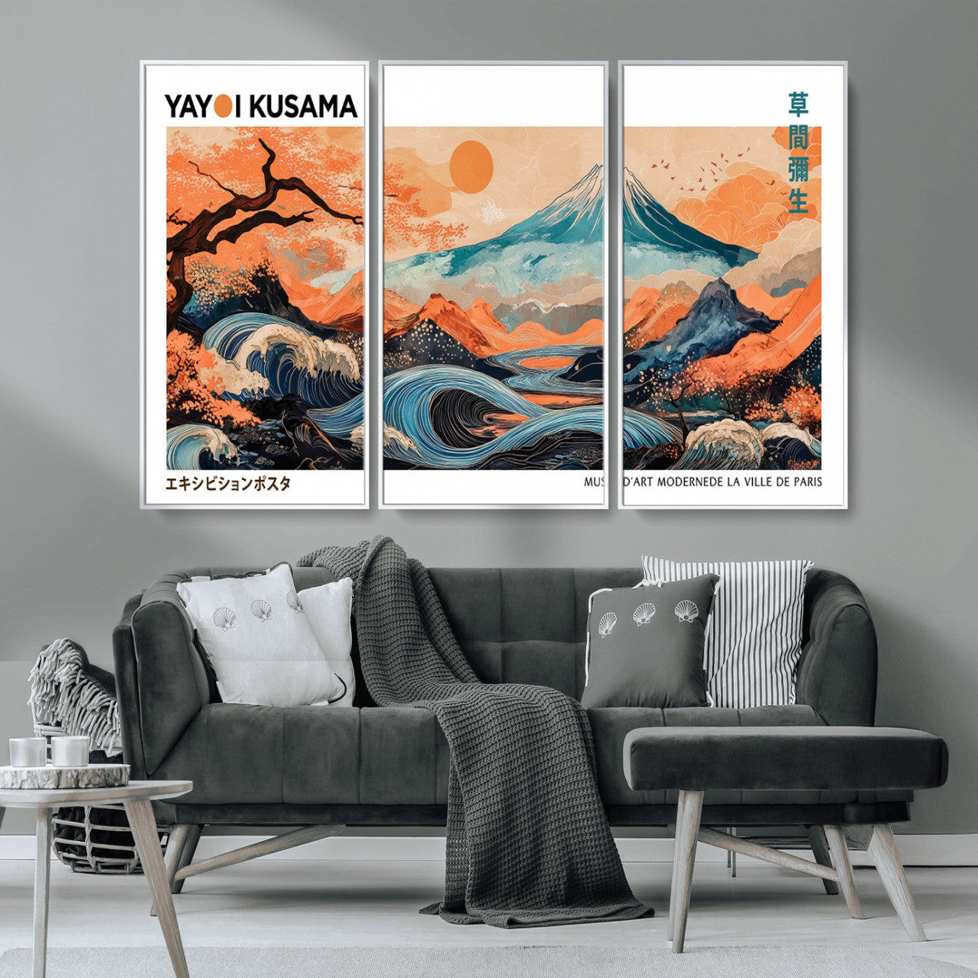 88785870-MGV-CV-36X24-Japanese Great Wave & Mt Fuji Wall Art – Ukiyo e Style Landscape Print with Flowing River, Autumn Mountain Poster, Oriental Asian