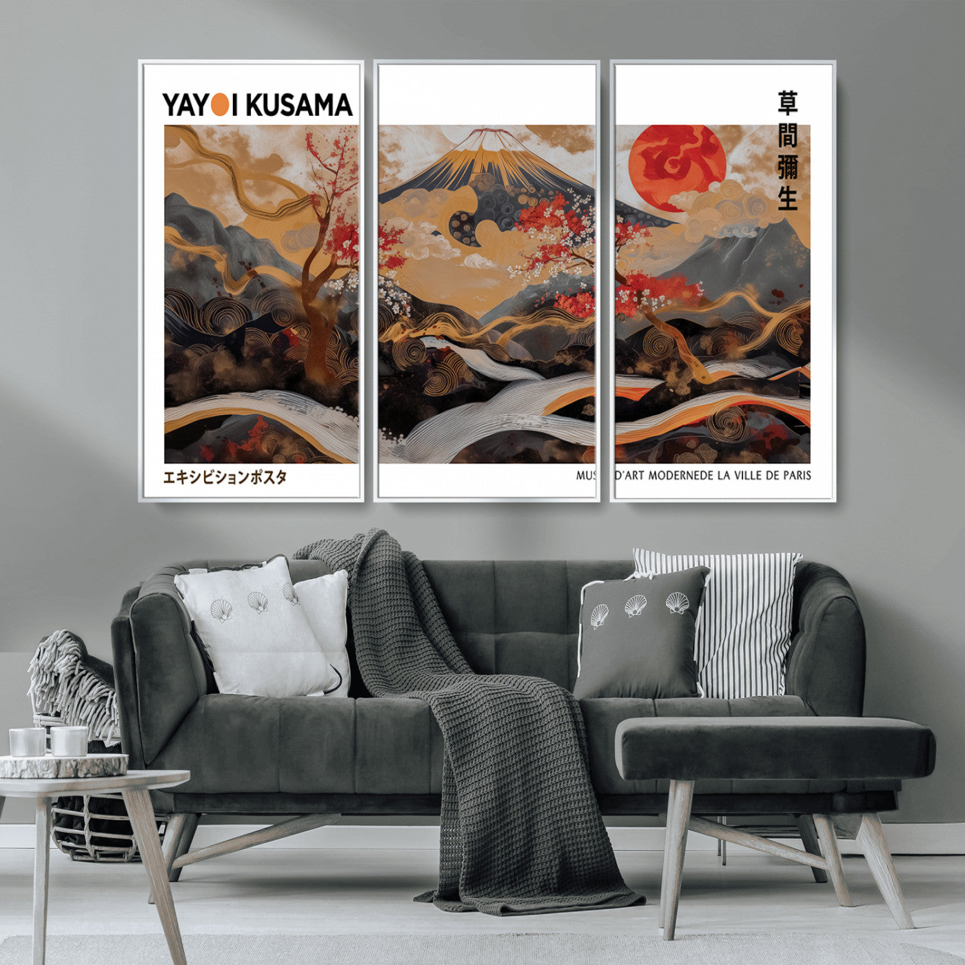 40959107-MGV-FC-48X32-3P_White-Japanese Fuji Wall Art Print – Red Sun & Cherry Blossom Poster, Gold Wave Ukiyo-e Inspired Modern Japan Landscape Painting,