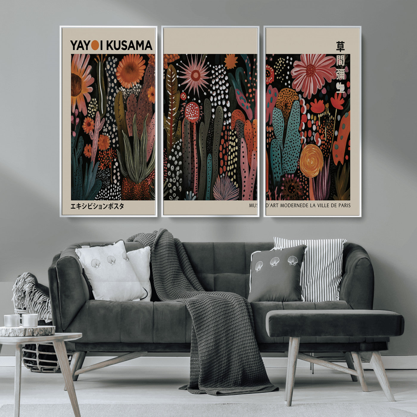 28344895-MGV-CV-36X24-Dark Floral Abstract Wall Art Poster – Modern Botanical Canvas Print with Beige Border, Kusama Inspired Boho Flower Painting,