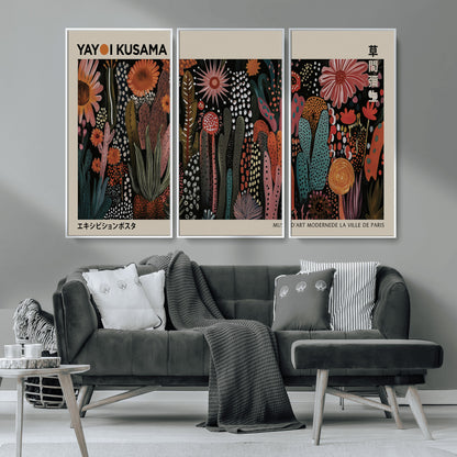 28344895-MGV-CV-36X24-Dark Floral Abstract Wall Art Poster – Modern Botanical Canvas Print with Beige Border, Kusama Inspired Boho Flower Painting,