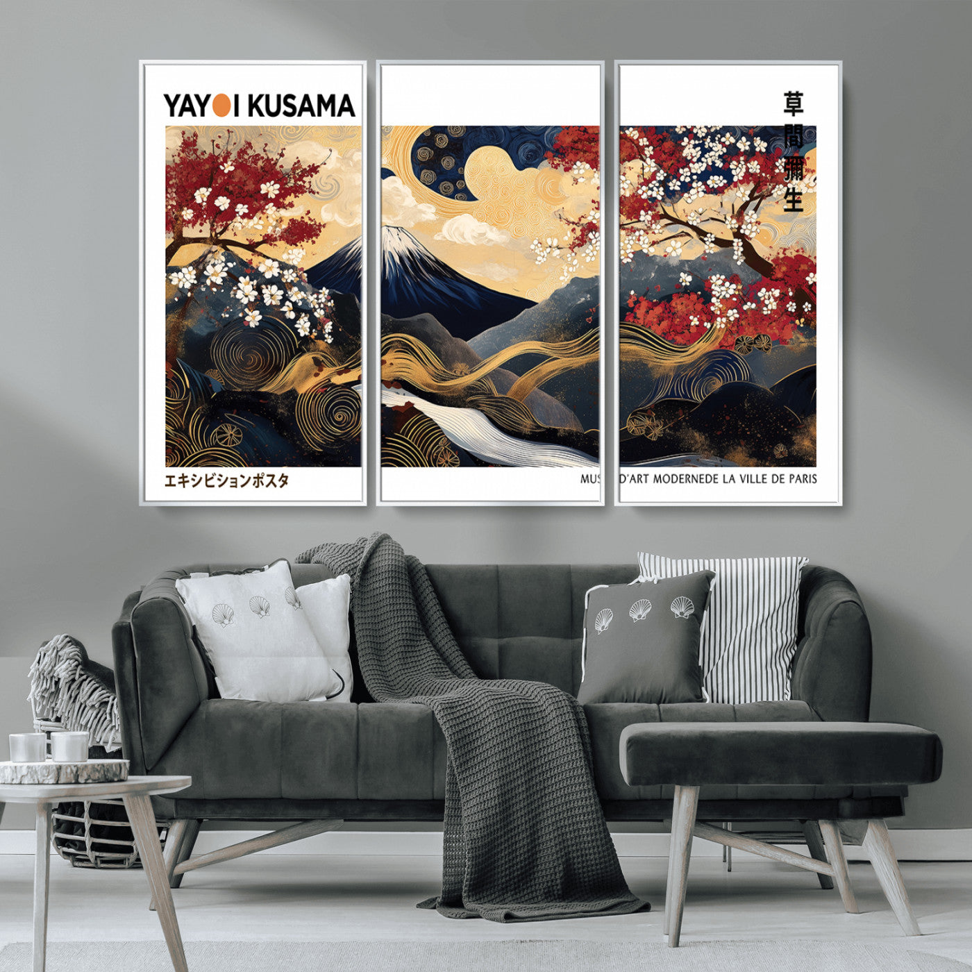 66243961-MGV-CV-36X24-Mount Fuji Japanese Wall Art – Golden Abstract Landscape Canvas Print, Cherry Blossom Painting, Modern Oriental Zen Home Decor