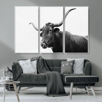 99244177-MGV-CV-36X24-Longhorn Photography Wall Art Canvas Print, Framed Western Cow Decor Art Picture Print, Black White Bull Perfect Modern Rustic