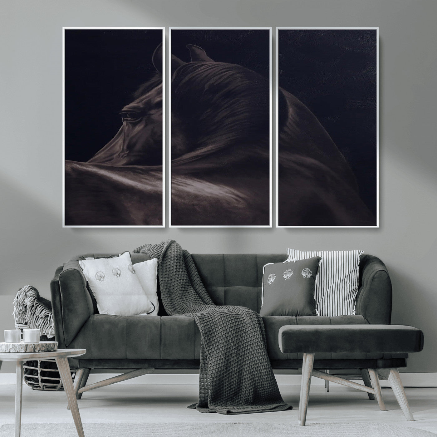 67026880-MGV-CV-36X24-Black Horse Portrait Wall Art Canvas Print, Framed Moody Horse Decor Art Picture Print, Equestrian Wall Style Perfect Masculine