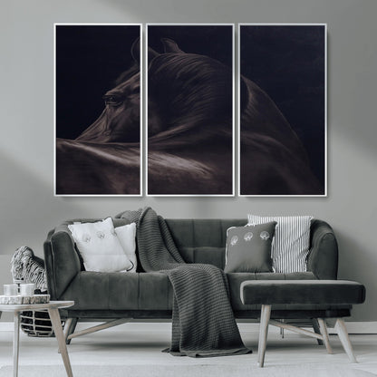 67026880-MGV-CV-36X24-Black Horse Portrait Wall Art Canvas Print, Framed Moody Horse Decor Art Picture Print, Equestrian Wall Style Perfect Masculine