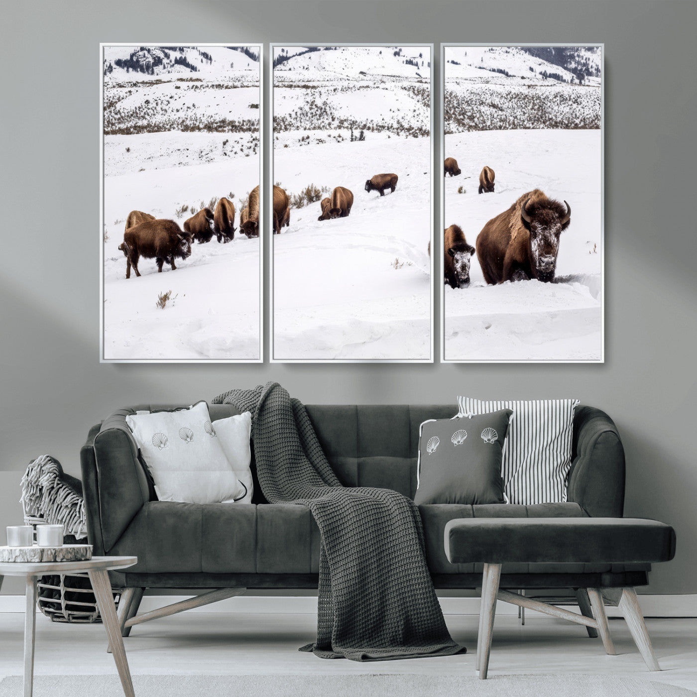 13891210-MGV-CV-36X24-Bison Herd Scene Wall Art Canvas Print, Framed Western Wildlife Decor Art Picture Print, Snowy Mountain Valley Perfect Rustic