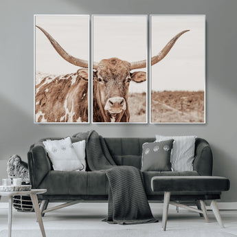 77810049-MGV-FC-48X32-3P_White-Longhorn Bull Photo Wall Art Canvas Print, Framed Rustic Cow Decor Art Picture Print, Neutral Farmhouse Style Perfect Rustic