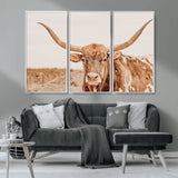 74406977-MGV-CV-36X24-Longhorn Bull Decor Wall Art Canvas Print, Framed Western Cow Theme Art Picture Print, Rustic Farmhouse Wall Perfect Neutral