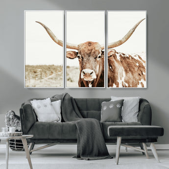 98924580-MGV-CV-36X24-Texas Longhorn Bull Wall Art Canvas Print, Framed Rustic Farmhouse Decor Art Picture Print, Western Animal Theme Perfect Rustic
