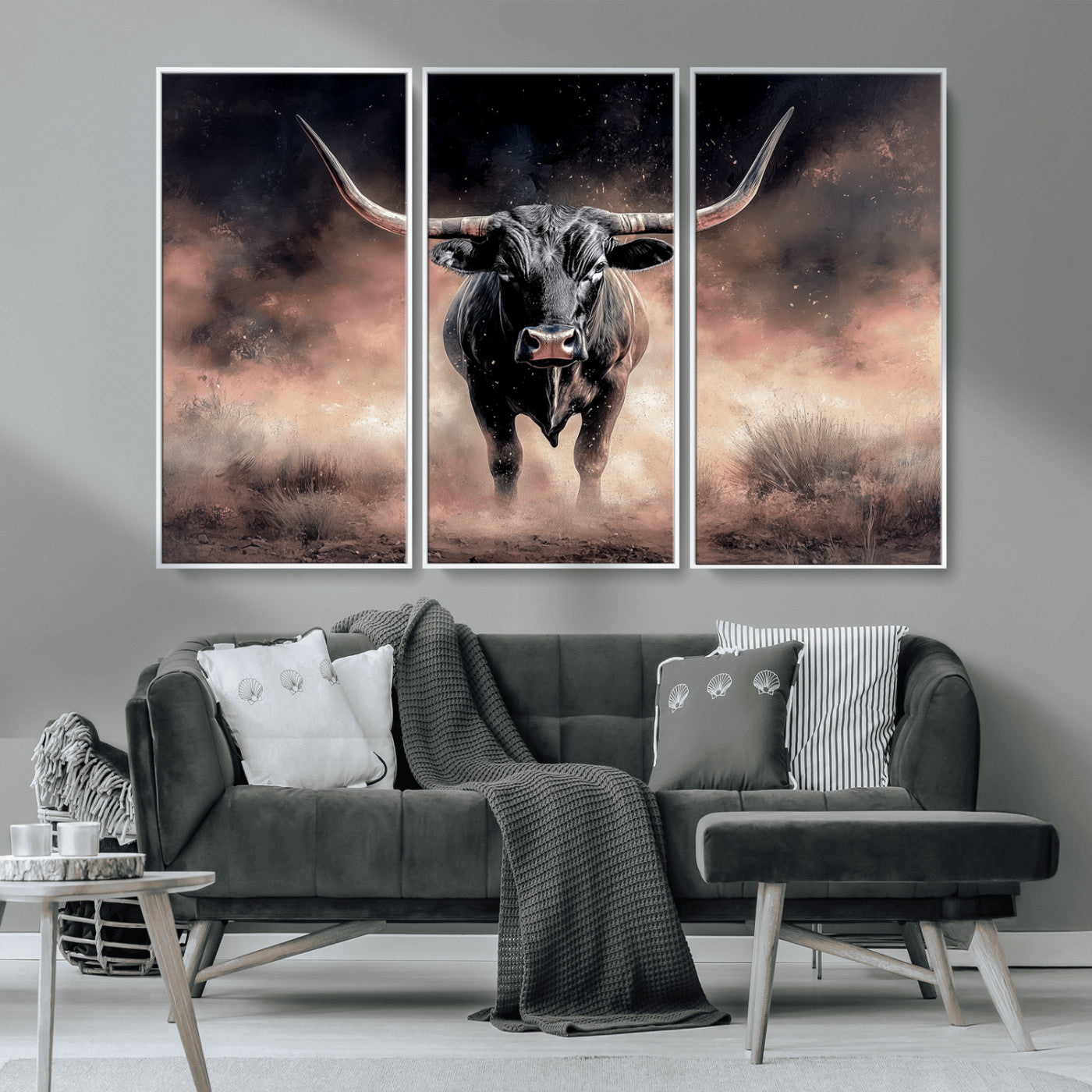 71457818-MGV-CV-36X24-Longhorn Wall Art Wall Art Canvas Print, Framed Western Bull Canvas Art Picture Print, Rustic Cow Decor Perfect Western Dramatic