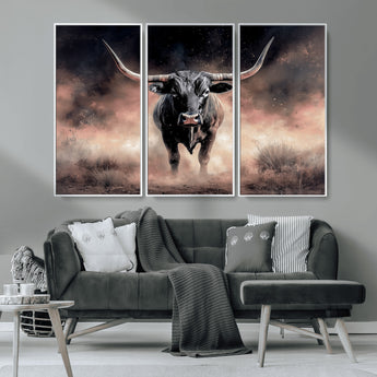 71457818-MGV-CV-36X24-Longhorn Wall Art Wall Art Canvas Print, Framed Western Bull Canvas Art Picture Print, Rustic Cow Decor Perfect Western Dramatic