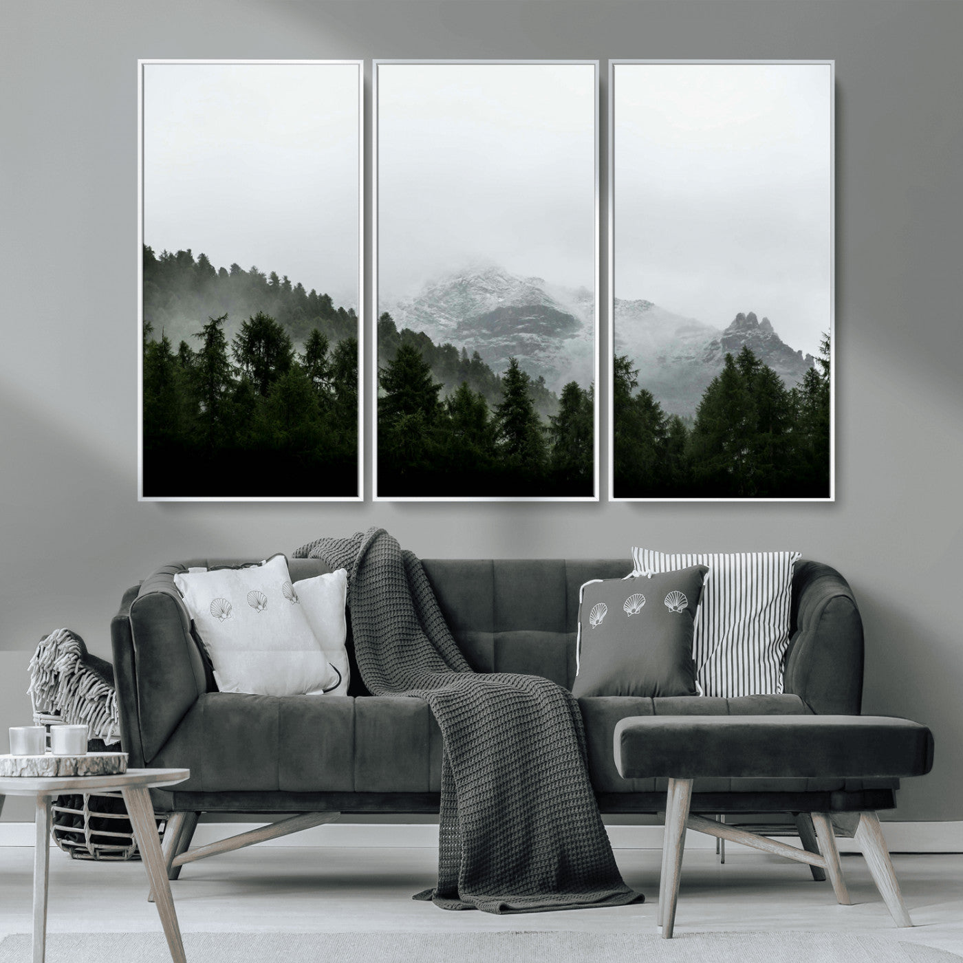 55968349-MGV-CV-36X24-Misty Mountains Wall Art Canvas Print, Framed Foggy Forest Art Picture Print, Snowy Peaks Perfect Moody Wilderness Decor Artwork