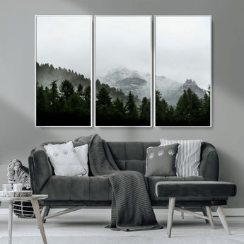 55968349-MGV-CV-36X24-Misty Mountains Wall Art Canvas Print, Framed Foggy Forest Art Picture Print, Snowy Peaks Perfect Moody Wilderness Decor Artwork