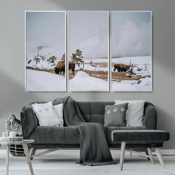 60308289-MGV-CV-36X24-Bison Wildlife Wall Art Canvas Print, Framed Snowy Prairie Art Picture Print, Western Landscape Perfect Rustic Winter Decor
