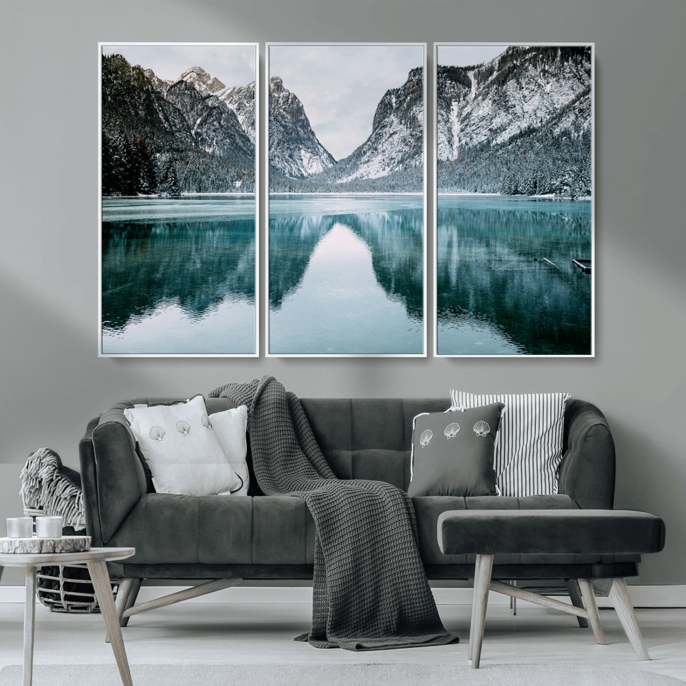 73098373-MGV-CV-36X24-Mountain Lake Wall Art Canvas Print, Framed Winter Wonderland Art Picture Print, Snowy Peaks Perfect Modern Nature Decor Artwork