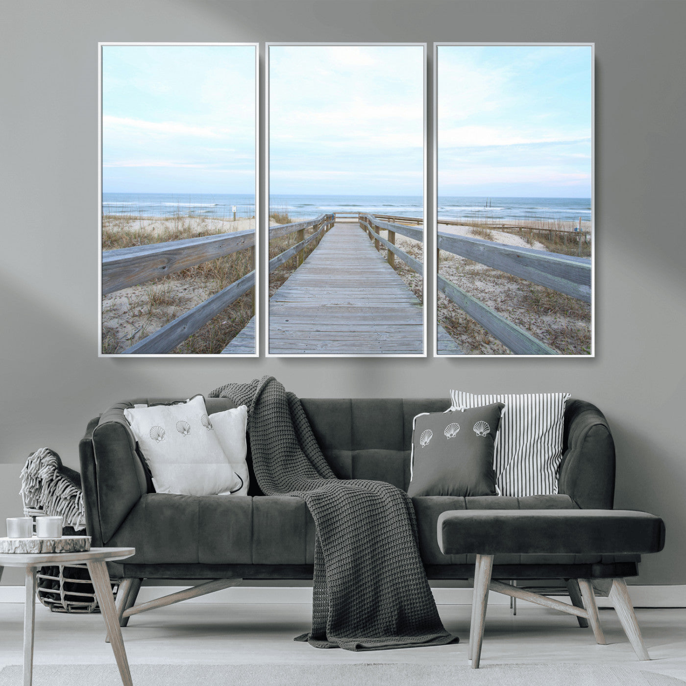 31602988-MGV-CV-36X24-Beach Boardwalk Wall Art Canvas Print, Framed Coastal Serenity Art Picture Print, Ocean View Perfect Coastal Minimalist Decor