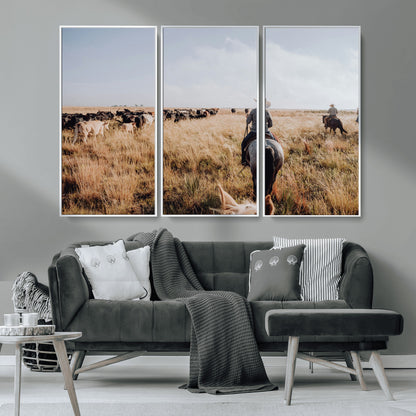 22431577-MGV-CV-36X24-Western Wall Art Wall Art Canvas Print, Framed Cowboy Canvas Art Picture Print, Cattle Drive Scene Perfect Rustic Western Decor