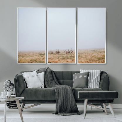 14761944-MGV-CV-36X24-Foggy Plains Wall Art Canvas Print, Framed Horseback Riders Art Picture Print, Rustic Western Perfect Rustic Western Decor Artwork