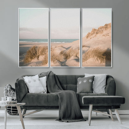 28064037-MGV-FC-48X32-3P_White-Minimalist Seascape Wall Art Canvas Print, Framed Neutral Beach Print Art Picture Print, Sand Dune Photography Perfect