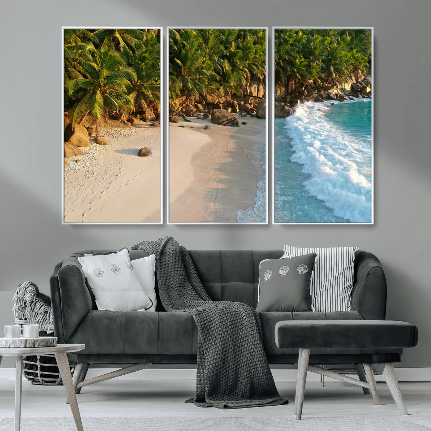 82312665-MGV-CV-36X24-Tropical Beach Wall Art Canvas Print, Framed Ocean Waves Art Picture Print, Palm Trees Perfect Coastal Minimalist Decor Artwork