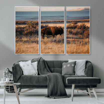 39509187-MGV-FC-48X32-3P_White-Western Wildlife Wall Art Canvas Print, Framed Bison Art Picture Print, Golden Hour Perfect Western Rustic Decor Artwork