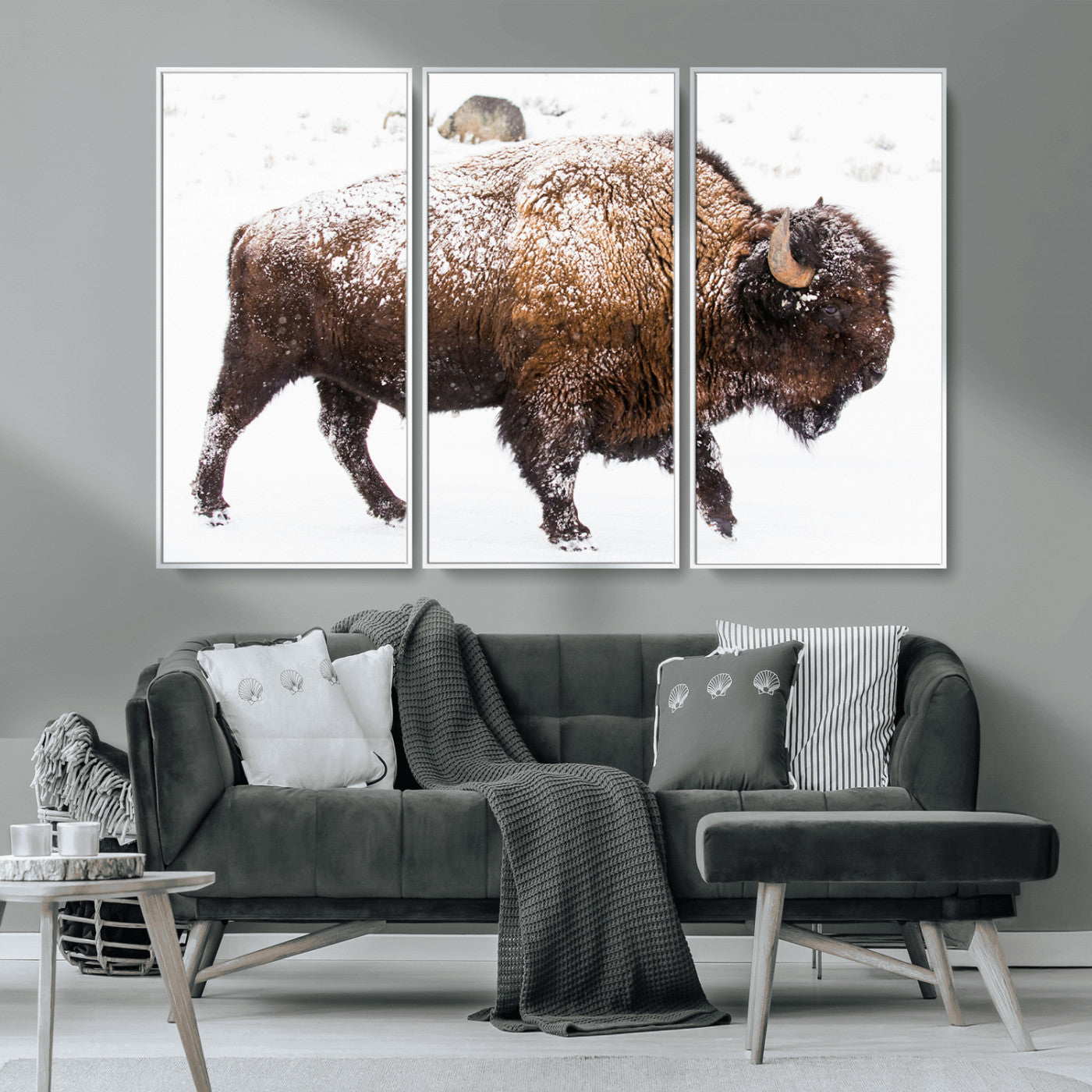 94261165-MGV-CV-36X24-Snowy Buffalo Wall Art Canvas Print, Framed Wildlife Photography Art Picture Print, Brown Tones Perfect Rustic Lodge Decor Decor