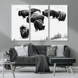 18914414-MGV-CV-36X24-Buffalo Herd Wall Art Canvas Print, Framed Black and White Art Picture Print, Snowy Landscape Perfect Rustic Lodge Decor Decor