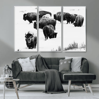 18914414-MGV-CV-36X24-Buffalo Herd Wall Art Canvas Print, Framed Black and White Art Picture Print, Snowy Landscape Perfect Rustic Lodge Decor Decor
