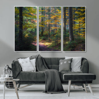 65810864-MGV-CV-36X24-Autumn Forest Wall Art Canvas Print, Framed Fall Woodland Art Picture Print, Golden Leaves Perfect Rustic Farmhouse Decor Artwork