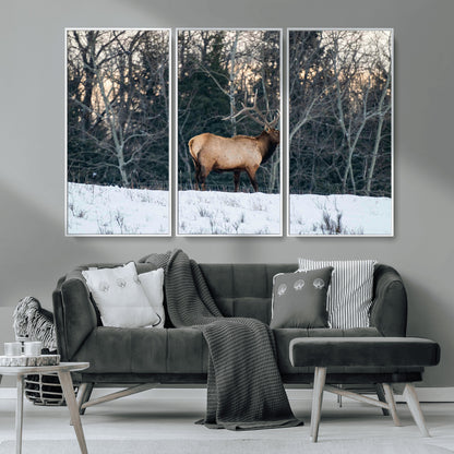 36533178-MGV-CV-36X24-Wild Elk Photography Wall Art Canvas Print, Framed Winter Wildlife Art Picture Print, Snowy Forest Perfect Rustic Lodge Decor
