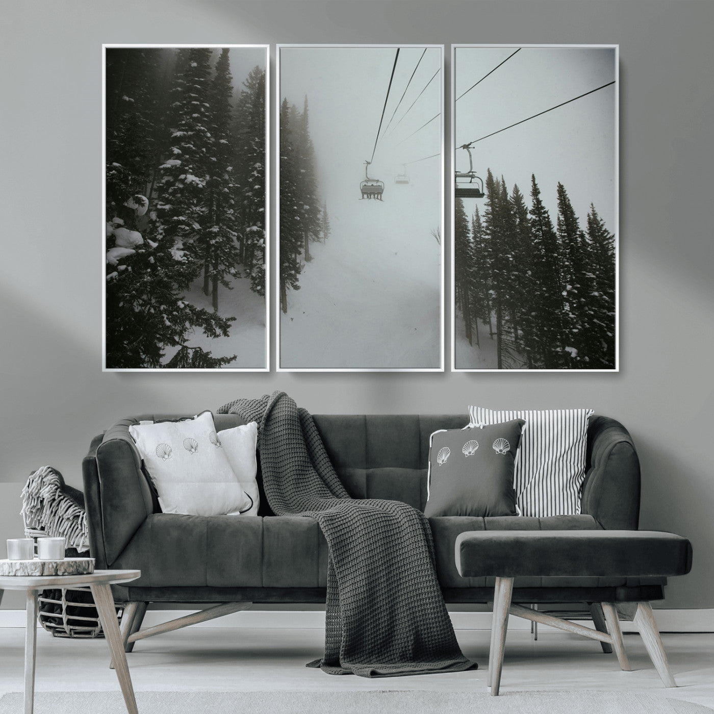 87018452-MGV-CV-36X24-Ski Lift Wall Art Canvas Print, Framed Snowy Pines Art Picture Print, Misty Landscape Perfect Winter Serenity Decor Artwork