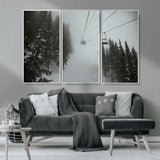 87018452-MGV-CV-36X24-Ski Lift Wall Art Canvas Print, Framed Snowy Pines Art Picture Print, Misty Landscape Perfect Winter Serenity Decor Artwork