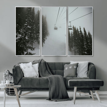 87018452-MGV-CV-36X24-Ski Lift Wall Art Canvas Print, Framed Snowy Pines Art Picture Print, Misty Landscape Perfect Winter Serenity Decor Artwork