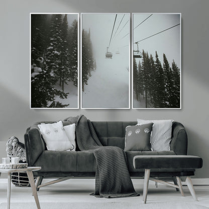 87018452-MGV-CV-36X24-Ski Lift Wall Art Canvas Print, Framed Snowy Pines Art Picture Print, Misty Landscape Perfect Winter Serenity Decor Artwork